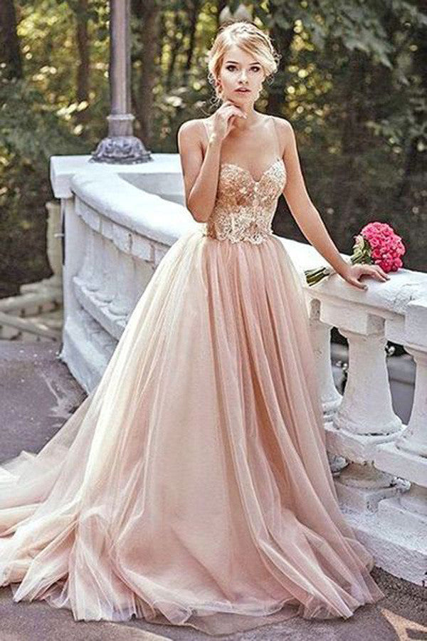 Gold Sequin A line Long Tulle Evening Prom Dresses,Cheap Formal Prom Dresses,SVD373