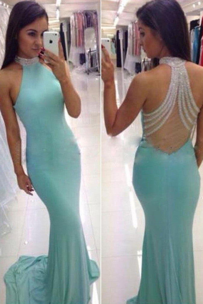 Blue Tiffany High Neck Backless Mermaid Long Prom Dress,Prom Dresses for Cheap,SVD374