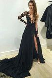 Long  Lace Black Prom Dresses,Long Sleeves Prom Dresses,Evening Prom Dresses,SVD377