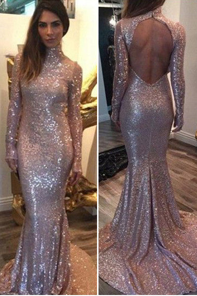 Sequined Long Sleeves Prom Dresses,High Neck Prom Dresses,Backless Prom Dresses,SVD382