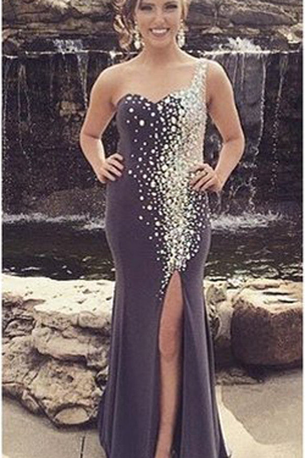 Glittering One Shoulder Prom Dress,Mermaid Party Dress,Side Slit Prom Dresses,SVD385