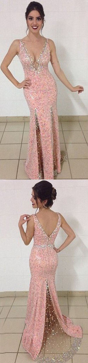 Pink Sexy Prom Dress,V-neck Mermaid Prom Dress,Newest Prom Dresses,Evening Dress,SVD386