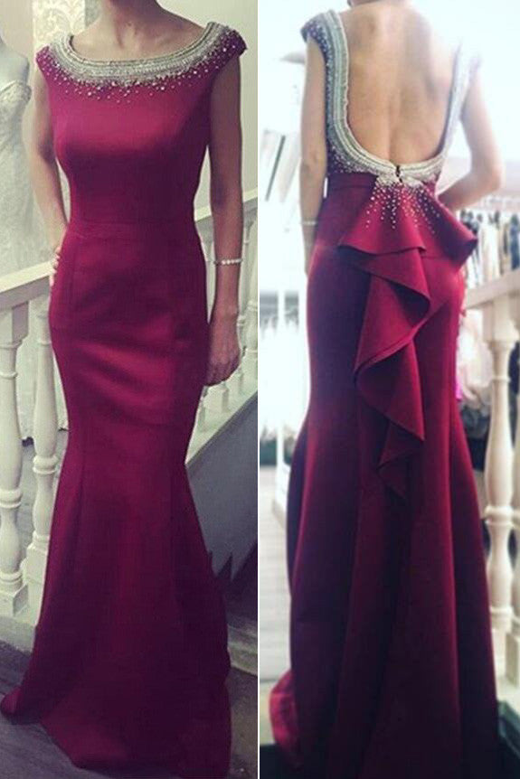New Arrival Red Round Neckline Mermaid Evening Prom Dresses with Beading,SVD390