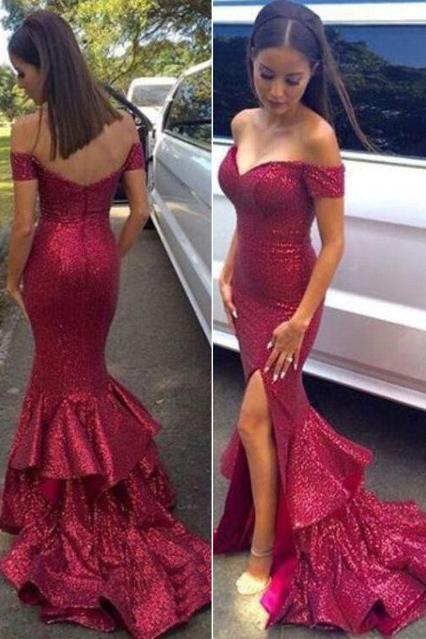 strapless open back dress Off Shoulder Sequined Mermaid Prom Dresses,Red Evening Prom Dresses –  Simidress