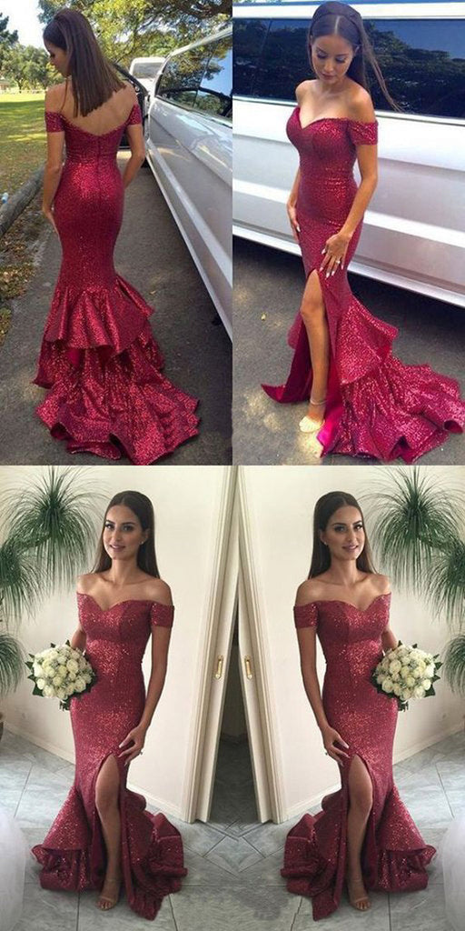 Glittering Sexy Off Shoulder Red Sequined Mermaid Prom Dresses,Red Evening Dresses,SVD395