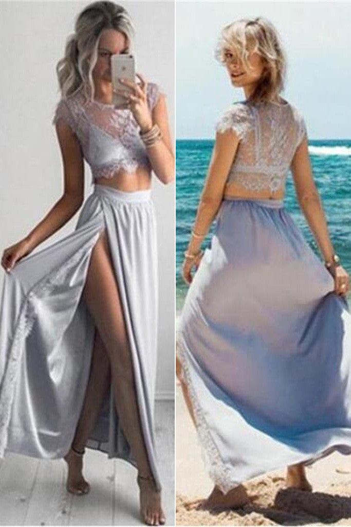 2 Pieces Side Slit Prom Dresses,Cap Sleeves Prom Dresses,Beach Party Dresses,SVD401