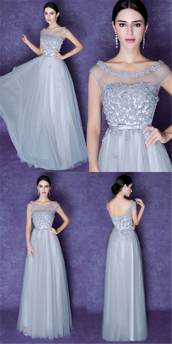 Gray Tulle Scoop Prom Dresses,Beautiful Bridesmaid Dresses,Cocktail Prom Dresses,SP400