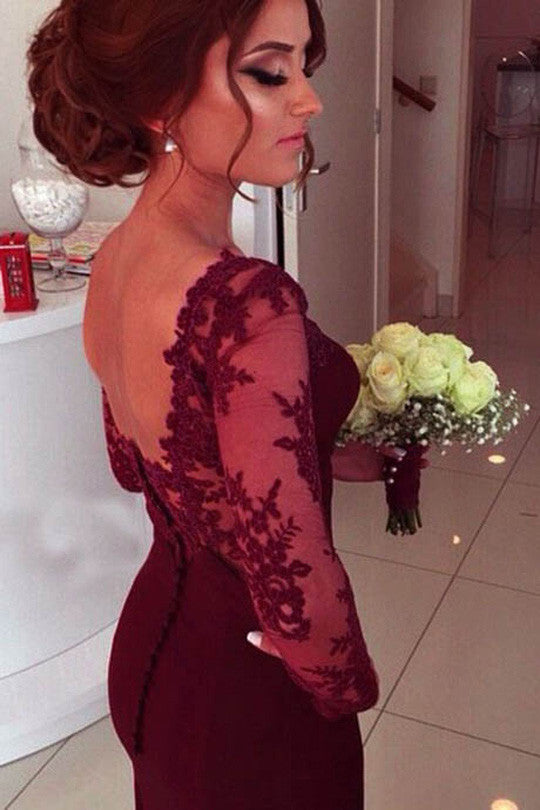 Burgundy A-Line Sweetheart Long Sleeve Prom Dress With Lace Appliques,Popular Prom Dresses,SVD403