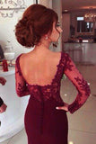 Burgundy A-Line Sweetheart Long Sleeve Prom Dress With Lace Appliques,Popular Prom Dresses,SVD403