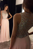 Sexy Pink Sweep Train Scoop Chiffon Sleeveless Long Prom Dress With Crystals,SVD405