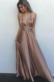 Popular Simple Blush Long Criss-Cross Straps V-Neck Prom Dress With Pleats,SVD406