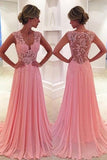 Fabulous Pink A-line V-Neck Prom Dresses,Long Lace Prom Dress with Sweep Train,SVD414