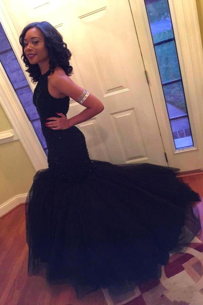 Mermaid Prom Dresses,Sleeveless Navy Scoop Prom Dresses with Beadings,SVD416