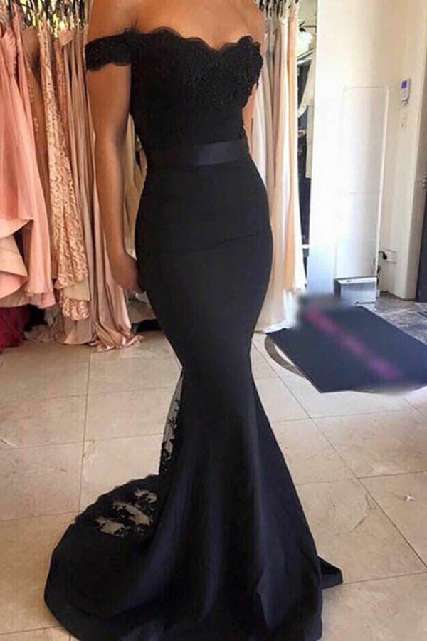 Decent Black Off Shoulder Prom Dresses,Mermaid Prom Party Dresses with Lace,SVD424