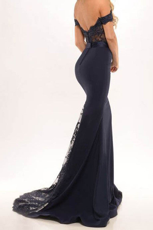 Decent Black Off Shoulder Prom Dresses,Mermaid Prom Party Dresses with Lace,SVD424