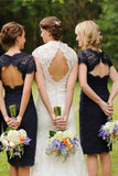 Elegant Navy Blue Lace Backless Knee-Length Short Mini Cap Sleeve Bridesmaid Dresses,SVD465