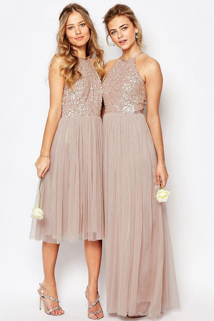 Gorgeous Glittering Top Tulle Halter  Romantic Short Long Wedding Party Bridesmaid Dresses,SVD466