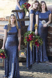 Royal Blue Round Neck Cap Sleeve Sequin Mermaid Long Bridesmaid Dresses,SVD467