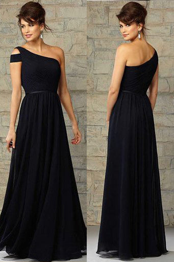 Elegant Navy Blue One Shoulder Chiffon Cheap Formal Floor-Length Bridesmaid Dresses,SVD469