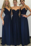 Navy Blue A Line Floor-Length Cheap Bridesmaid Dresses,New Arrival Decent Lace Chiffon Dress,SVD470