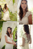 Elegant Simple Cap Sleeve A Line V Back Cheap Long Lace Wedding Party Dresses,SVD526