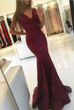 Burgundy Mermaid Lace V-neck Charming Long Prom Dresses For Teens, SVD543