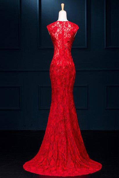 Long See Through Split Mermaid Sexy Red Lace Prom Dresses Evening Dress SVD310