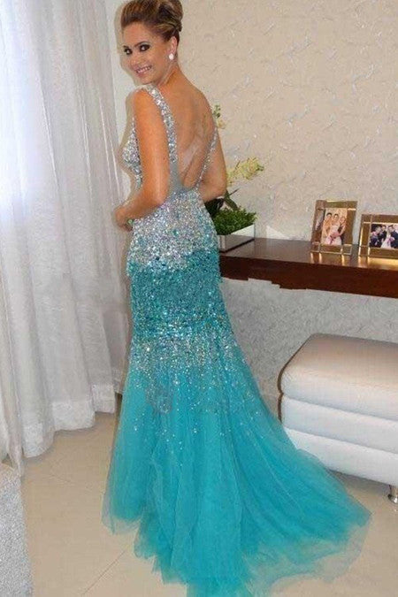 Mermaid Prom Dress,Straps Beading Crystal Prom Dresses Evening Dresses, SVD312