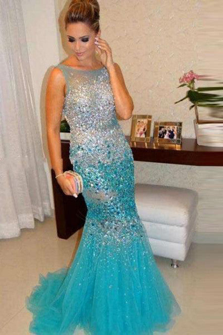Mermaid Prom Dress,Straps Beading Crystal Prom Dresses Evening Dresses, SVD312