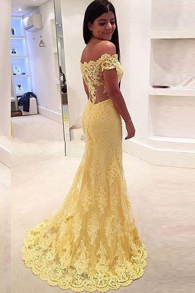 Off-the-Shoulder Long Lace Sweep Train Mermaid Prom Dresses Evening Dresses,SVD315