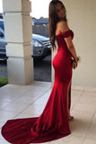 Red Sexy Off Shoulder Mermaid Split Satin Prom Dress,Evening Dresses,SVD320