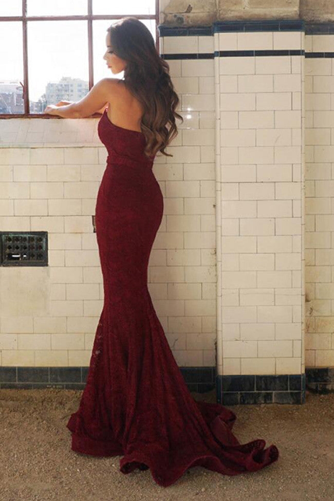 Chic Burgundy Sweetheart Mermaid Long Lace Prom Dress,Party Dress,SVD324