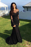 Elegant Black Long Sleeves Mermaid Prom Evening Dress with Real Appliques,M328