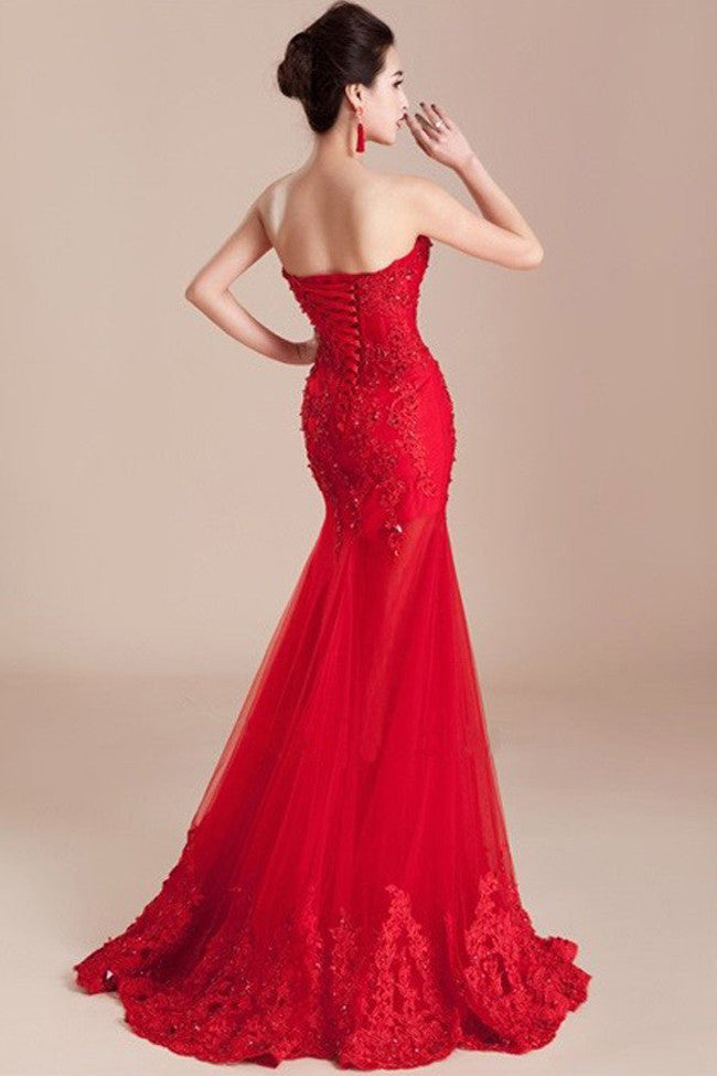Decent Long Mermaid Lace Sweetheart Prom Dress with Appliques and Beading,SVD333