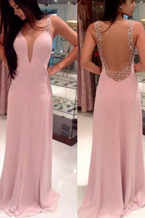 Long Pink V-Neck Backless Prom Dresses,Pretty Prom Dresses,Party Prom Dresses,SVD369