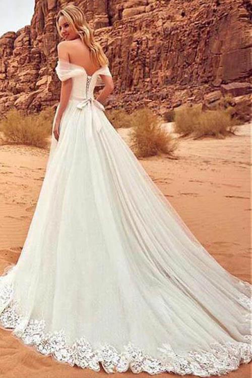 simidress.com | White Off Shoulder Wedding Dresses with Sweep Brush Train, SW102