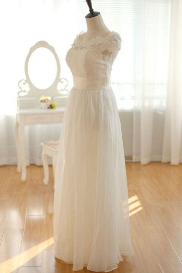 Elegant Chiffon Ivory Long Lace Wedding Dresses, Pretty Bridal Gown, SW103