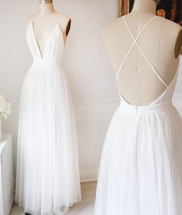 Simple Tulle White V Neck Wedding Dresses,Long Prom Dresses, SW107