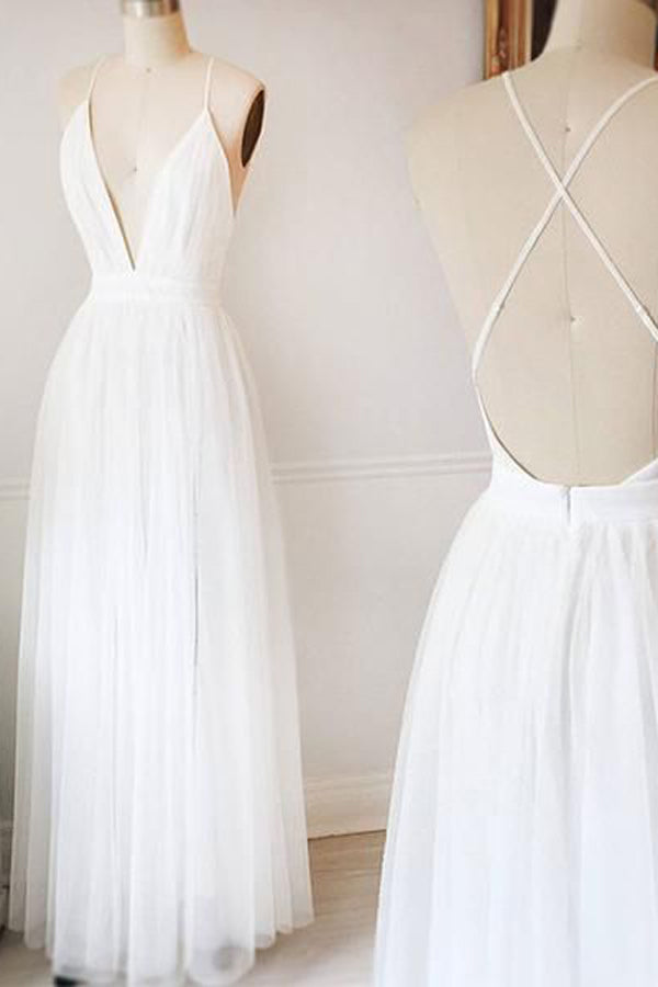 Simple Tulle White V Neck Wedding Dresses,Long Prom Dresses, SW107