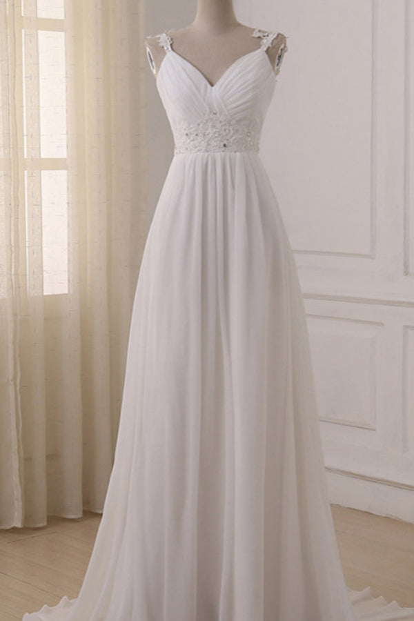 White V Neck Chiffon Straps Wedding Dresses with Sweep Train, SW108