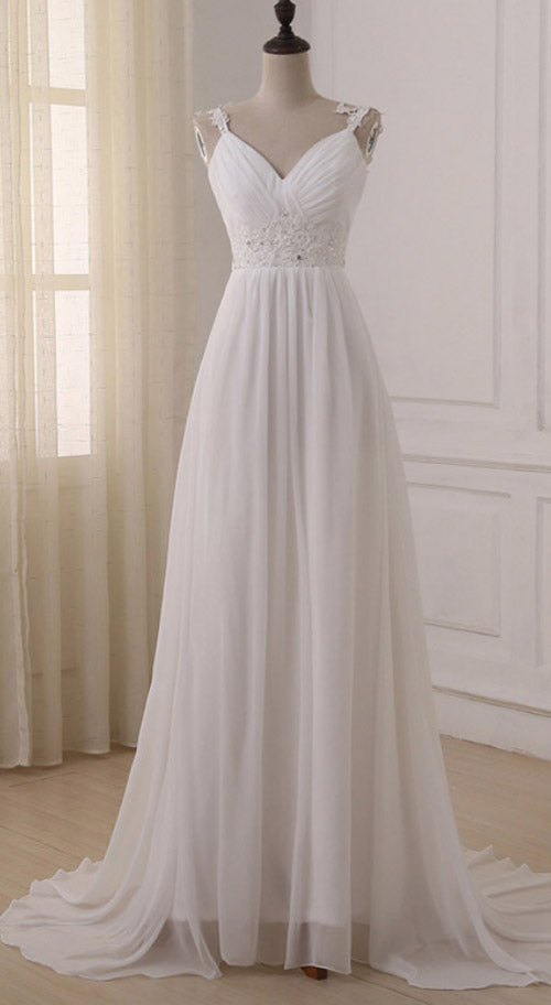 White V Neck Chiffon Straps Wedding Dresses with Sweep Train, SW108