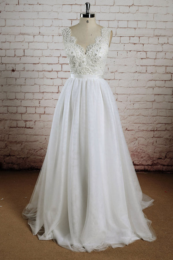White Lace Halter V-Neck Wedding Dress, The Church Wedding Ceremony –  Simidress