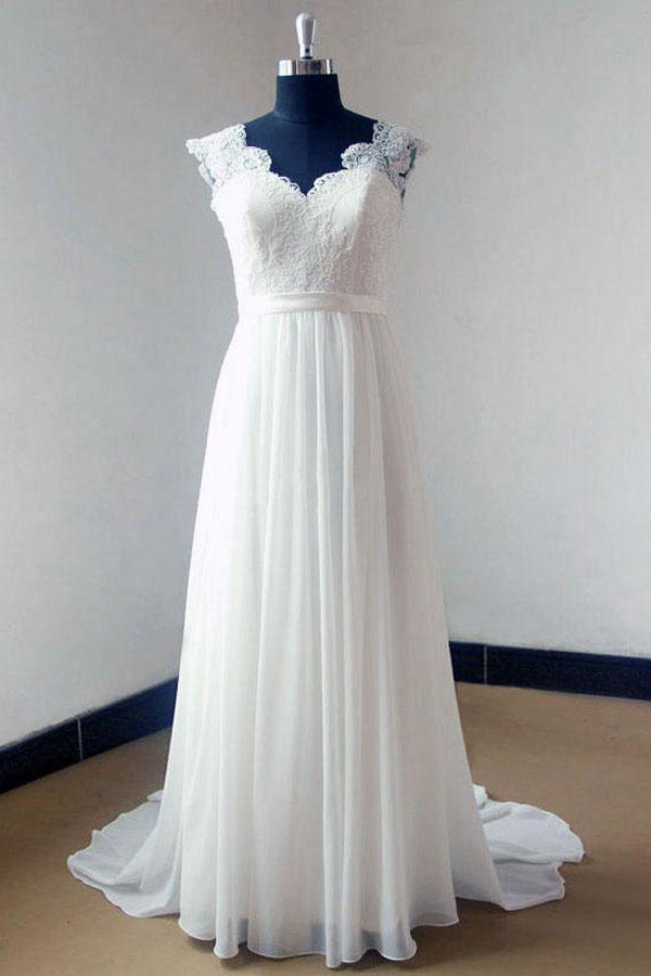 Ivory Lace Chiffon Sweep Train V-neck Bodice Beach Wedding Dresses, SW110