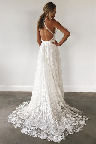 Ivory Spaghetti Strap Lace Open Back Side Split Long Beach Wedding Dresses, SW113