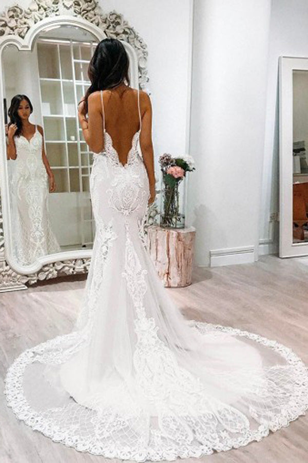 spaghetti strap lace wedding dress Tulle Mermaid Spaghetti Straps Court Train Wedding Dress Appliques – Simidress