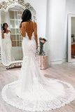White Lace Tulle Mermaid Spaghetti Straps Court Train Wedding Dress with Appliques, SW114