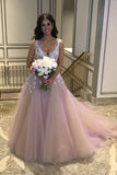 Cheap V Neck Wedding Dress With Lace Flowers, Tulle Wedding Gowns, SW115