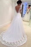 Fabulous Open Back White V-neck Long Sleeves Lace Appliques Wedding Dress, SW116