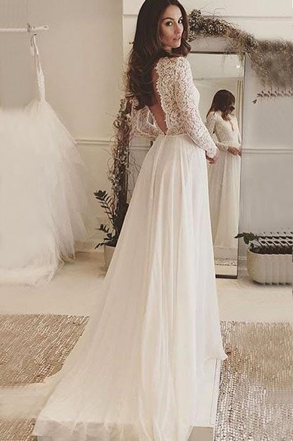 Ivory Chiffon V-Neck Long Sleeves Backless Wedding Dress with Lace, SW122
