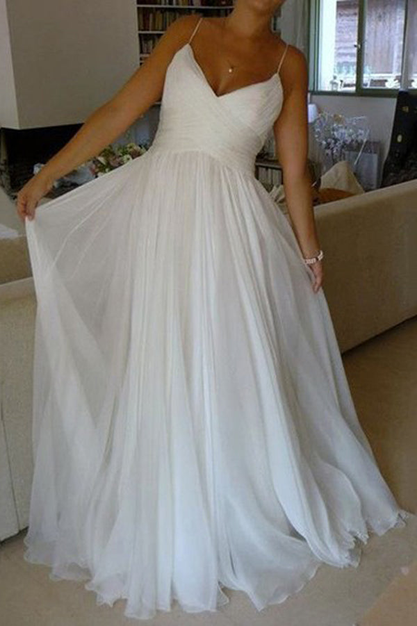White Chiffon A-line V-neck Court Train Wedding Dresses with Ruffles, SW123